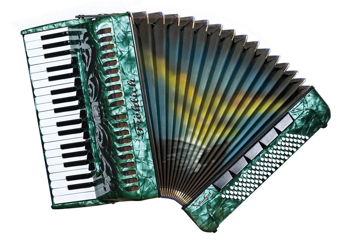 Fröhlich Akkordeon Schubert Cassotto Trend Line in Grün Perloid mit Motiv 3 - Sonnenaufgang